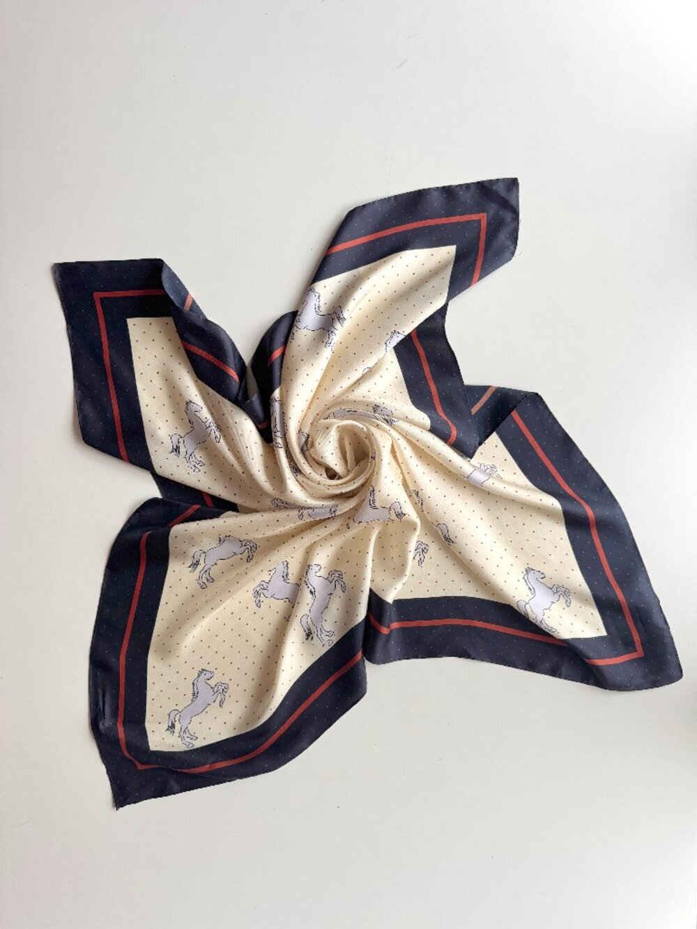 CABI Cream Polka Dot Horse Print 100% Silk Twill 34.5" x 34.5" Square Scarf